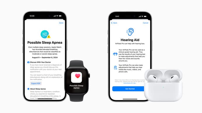 Smartphone displaying hearing health app features alongside AirPods, illustrating technology for managing tinnitus while traveling.